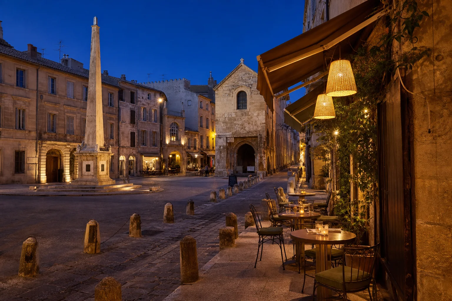 Warmes Terrassenlicht vor kobaltblauem Himmel macht verständlich, warum das nächtliche Arles ein so starkes Motiv war, selbst wenn die heutige Szene das Bild nicht genau wiedergibt.