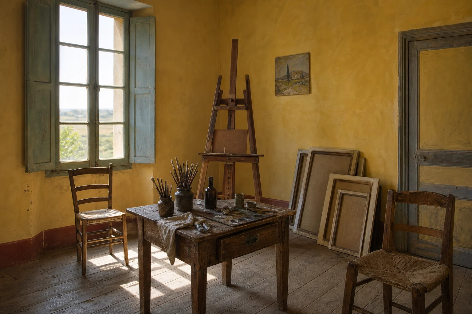 Diese redaktionelle Rekonstruktion im Stil der Zeit erinnert an das hoffnungsvolle Künstlerhaus, das Van Gogh sich vorstellte. Sie vermittelt Atmosphäre und ist keine dokumentarische Ansicht des verschwundenen Gelben Hauses.