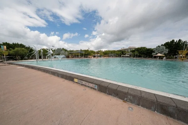 The constructed Esplanade Lagoon provides a swimming space beside the tidal waterfront.