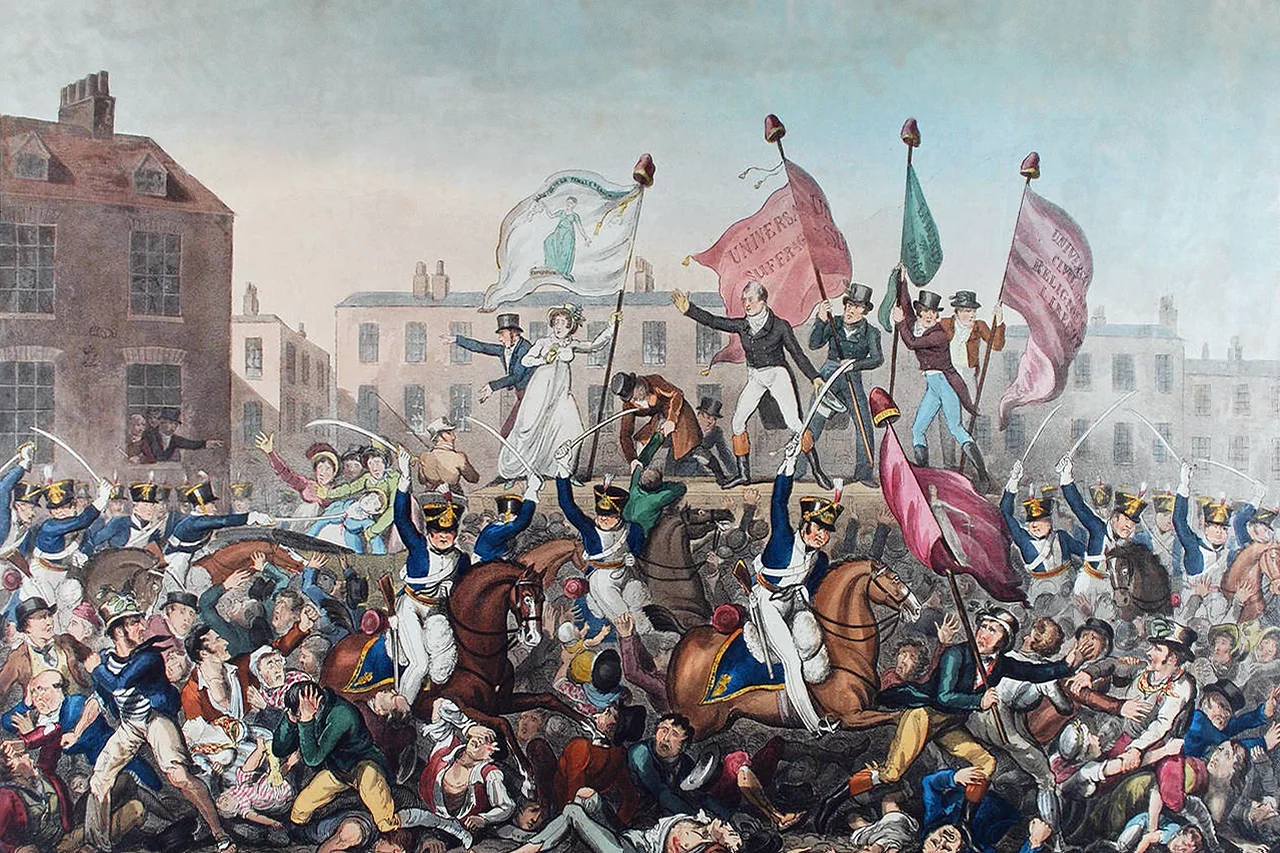 A contemporary coloured engraving showing cavalry charging the crowd at Peterloo in 1819