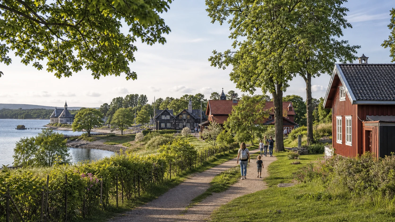 A peaceful Bygdøy landscape with historic timber architecture, trees and water