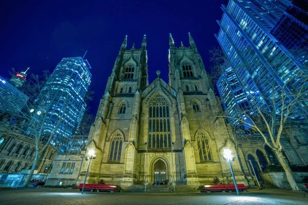 St Andrew's Cathedral stands among the larger buildings of central Sydney.
