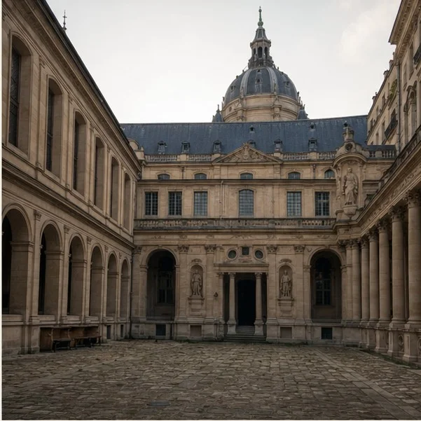 The Sorbonne courtyard imagined during a formal academic ceremony