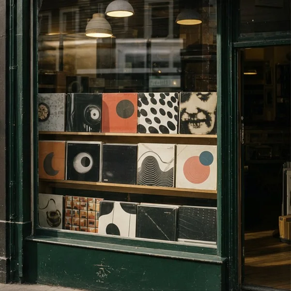 A stylised map of London linked by records, film and music symbols