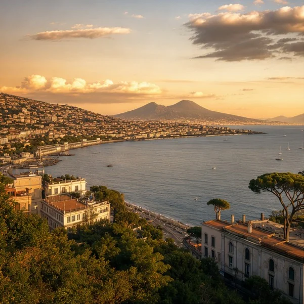 Modern Naples at sunset with faint echoes of Greek columns