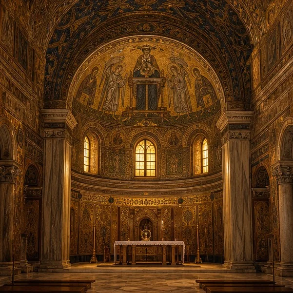 Saint Peter’s interior with dome and baldachin rising above visitors