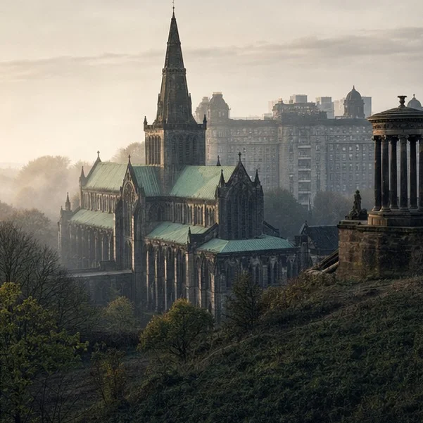 Stone carvers shaping decorative details for a Glasgow facade
