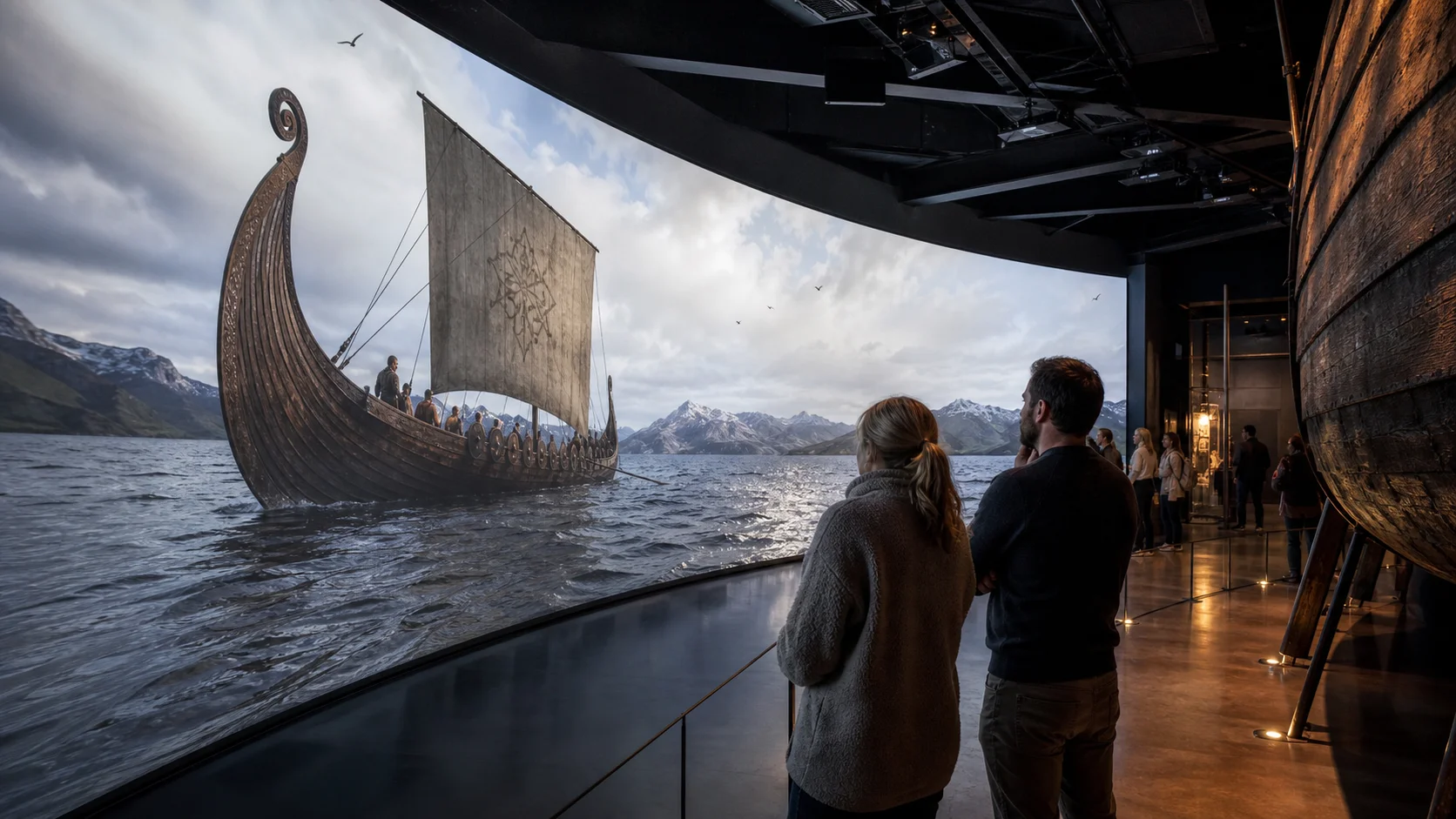 Visitors exploring a wide immersive projection of a Viking ship at sea inside a modern exhibition