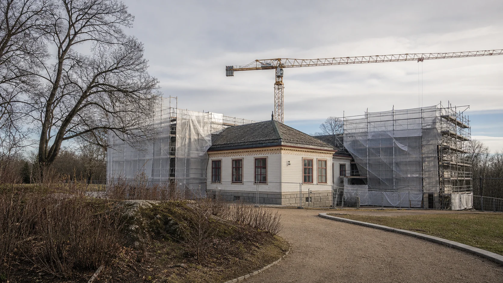 A modern museum construction context on Oslo’s Bygdøy peninsula beneath a pale Nordic sky