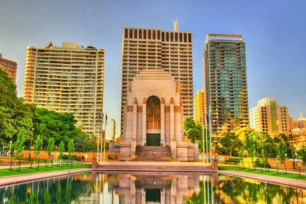 The Anzac Memorial's red granite and stepped form distinguish it from Sydney's Gothic and Victorian buildings.