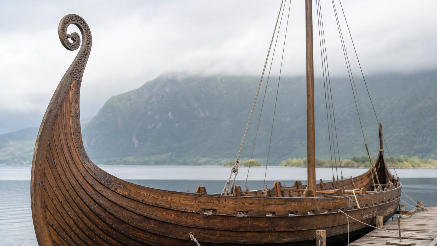 A carefully built Viking longship reconstruction beside calm Nordic water, showing timber craft and oar ports