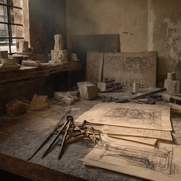 Leonardo and Michelangelo imagined as rivals studying battle drawings