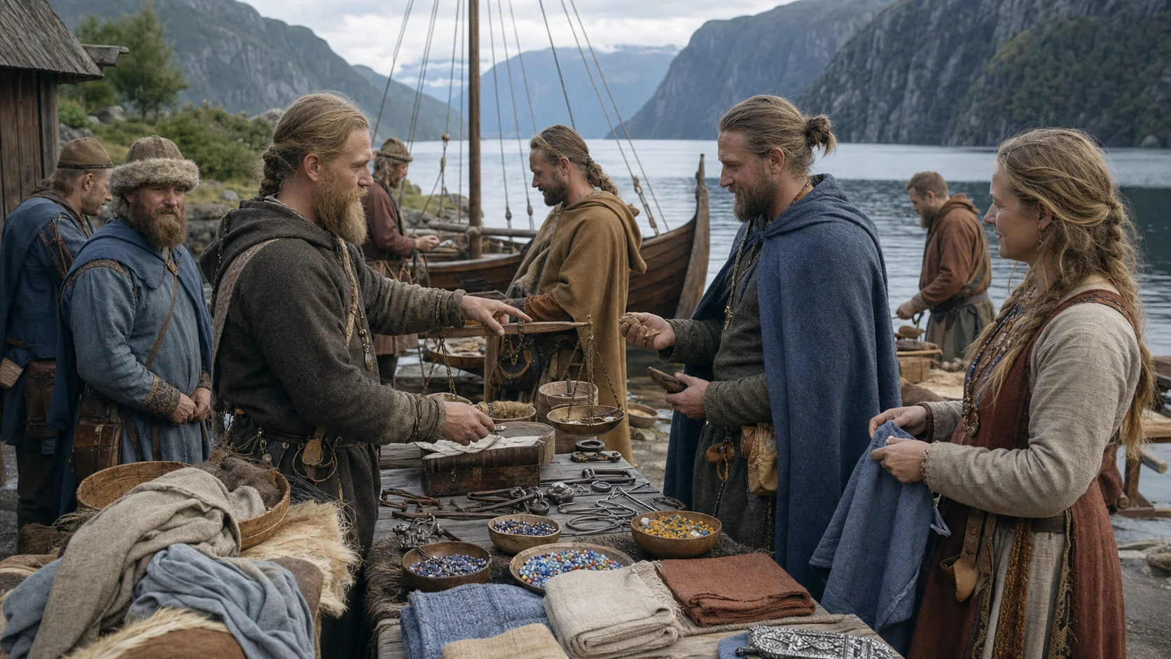 A historically informed Viking Age trading scene with textiles, scales, beads and metalwork beside a fjord