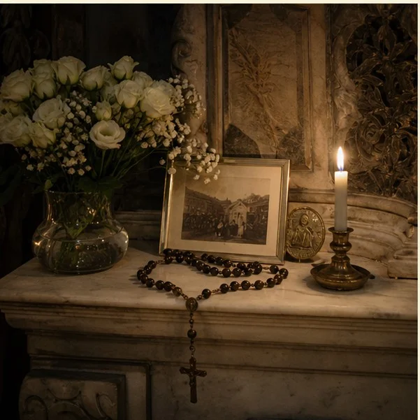 A symbolic staircase rising through candle smoke from Purgatory