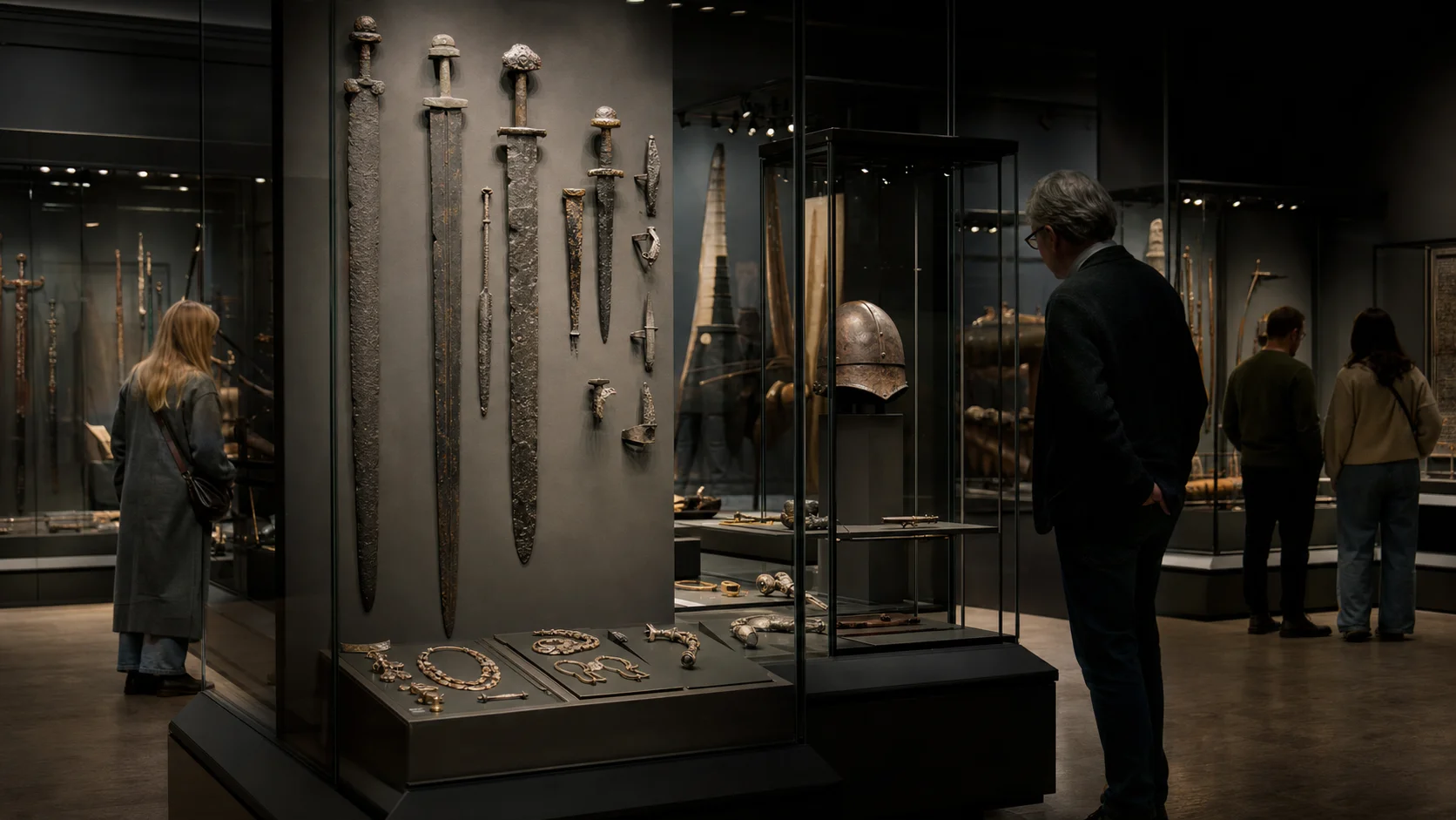 A museum gallery with authentic Viking Age inspired swords, jewellery and a helmet in carefully lit cases