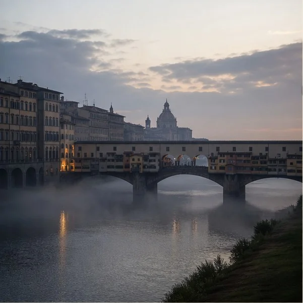 Florence skyline at night with cathedral and palace silhouettes