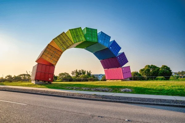 Marcus Canning's Rainbow uses recycled sea containers to acknowledge Fremantle's shipping identity.