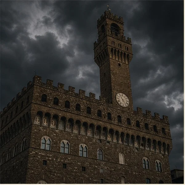 A shadowed civic palace symbolising judgement and public authority