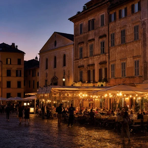 Evening light over Trastevere as Saint Peter’s dome rises in the distance